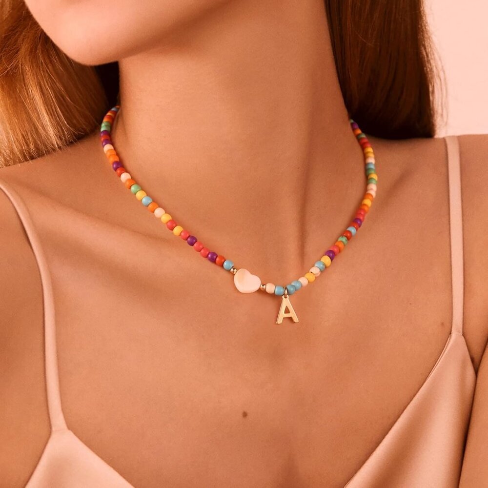 Colorful Initial Cute Necklaces for Girls - Trendy Beaded Choker Necklace for Wo - Picture 3 of 7